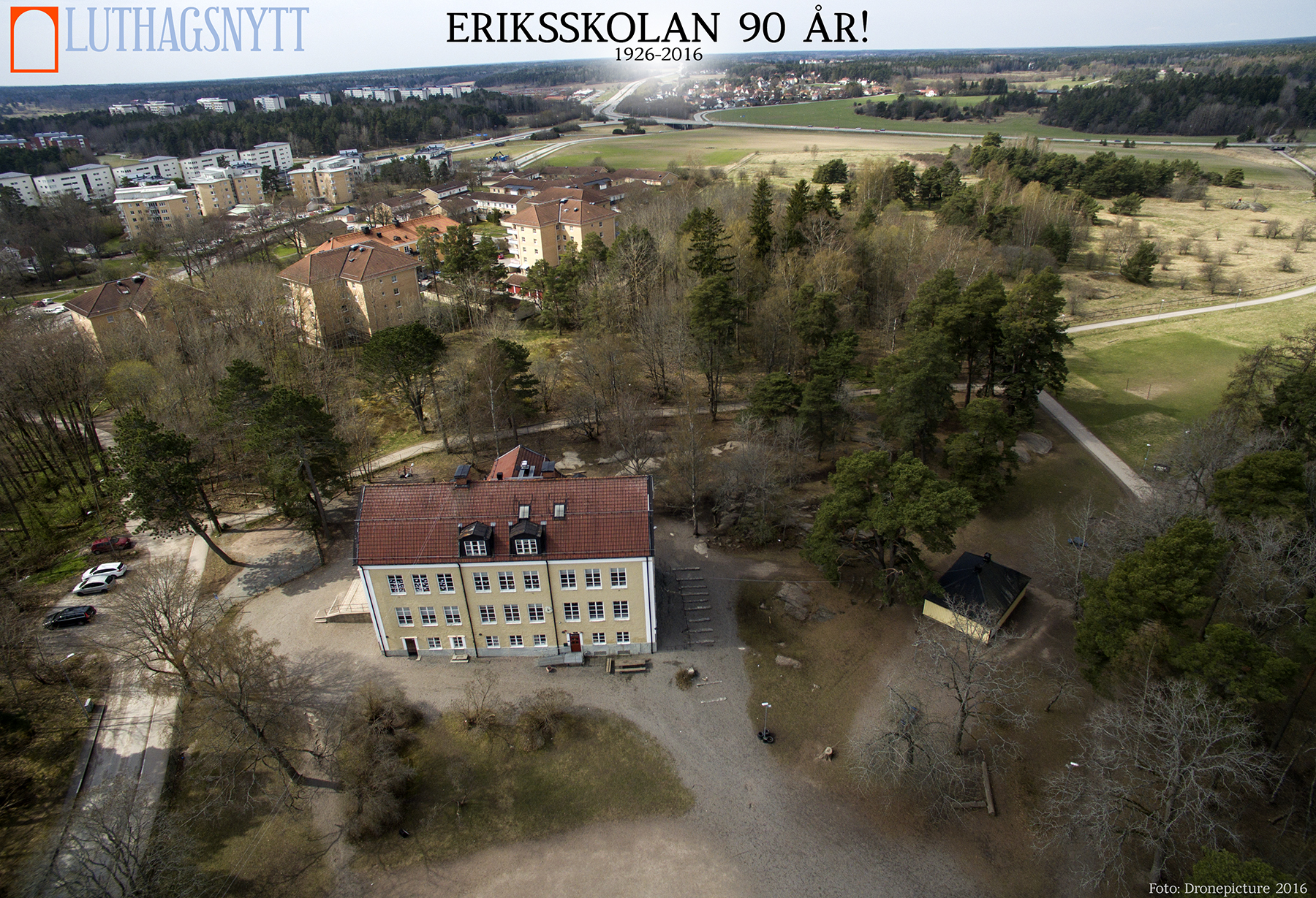 Den s.k. "Stora skolan" var den ursprungliga skolbyggnaden. Foto: Dronepicture.se för Luthagsnytt.